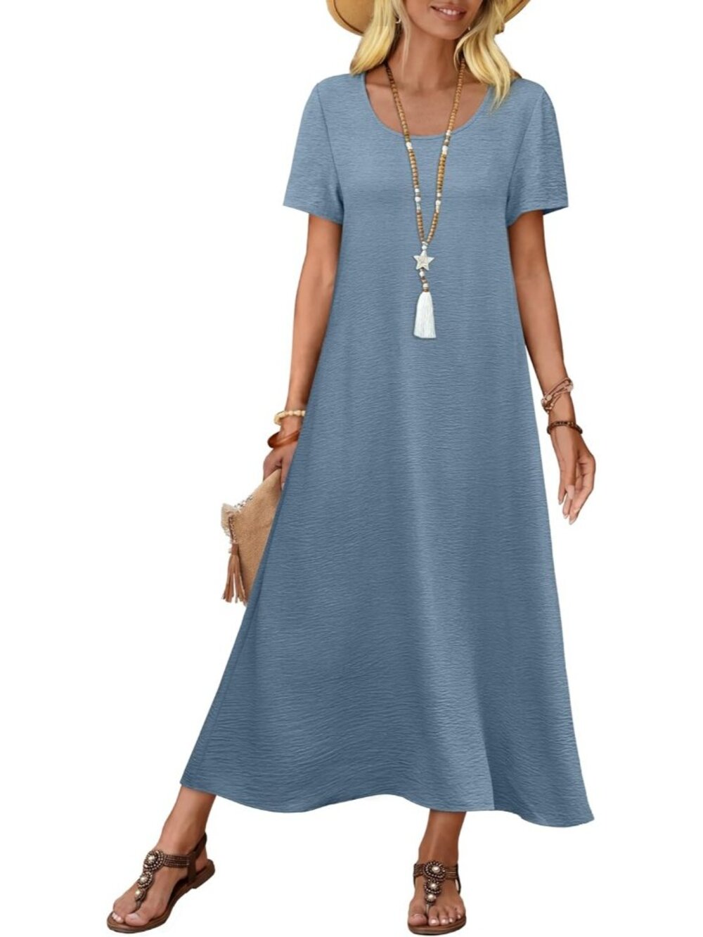Women Dress Midi Blue Polyester Crew Neck Short Sleeve Lightweight  Summer